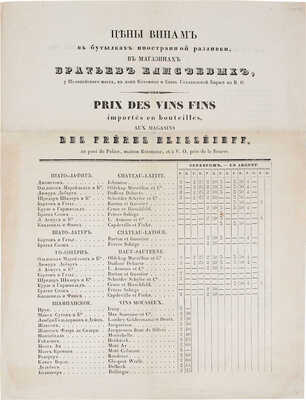 Цены винам в бутылках иностранной разливки, в магазинах братьев Елисеевых, у Полицейского моста, в доме Котомина и близ Голландской биржи на В.О. СПб.: Тип. Э. Праца, 1851.